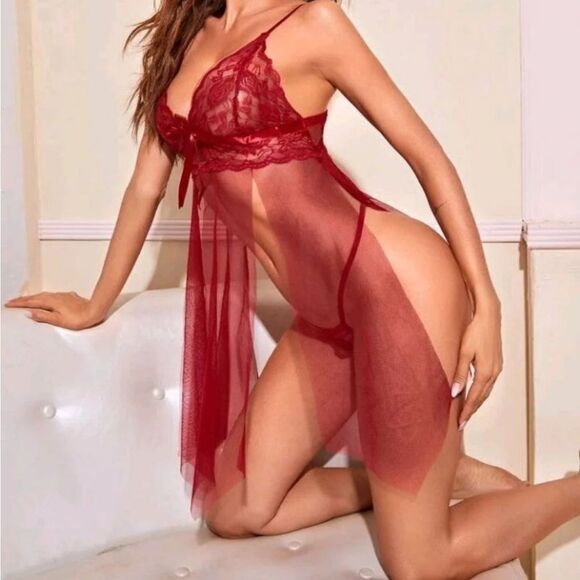 Mesh Lace Burgandy Babydoll Set - Picture 2 of 9